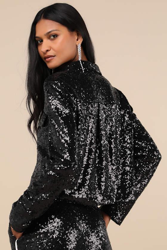Sparkly Mood Black Sequin Collared Crop Top Product Image