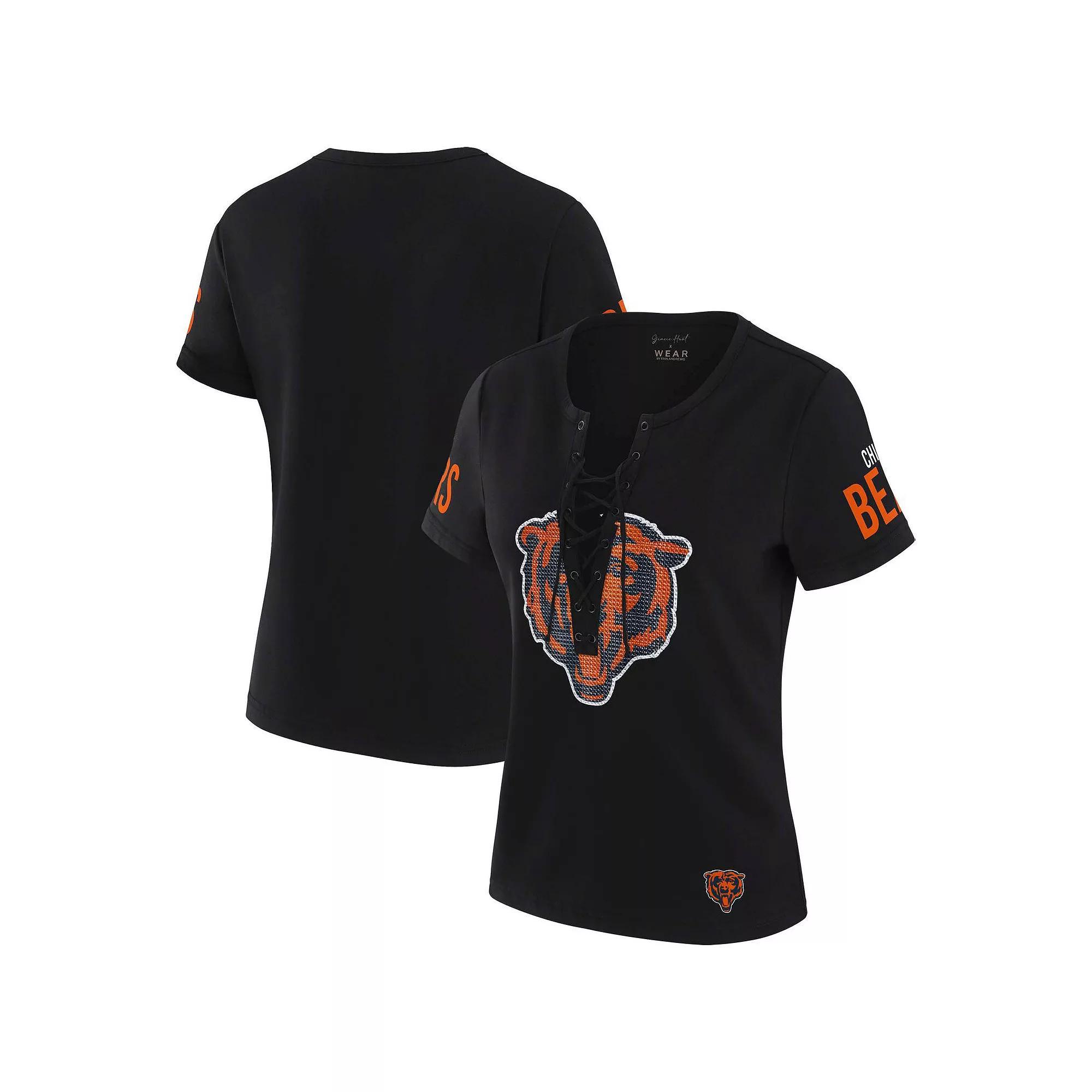 Women's WEAR by Erin Andrews x Gracie Hunt Black Chicago Bears Draft Me Lace-Up T-Shirt, Size: Small Product Image