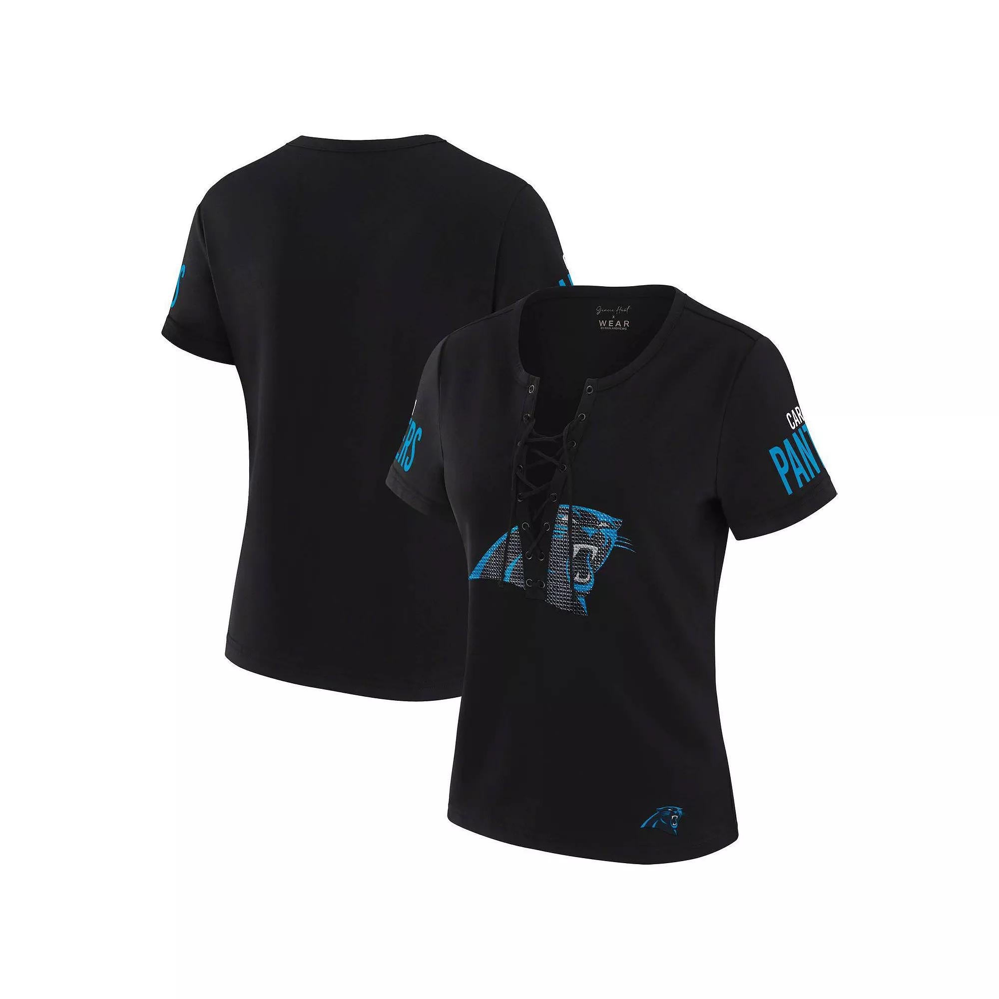 Women's WEAR by Erin Andrews x Gracie Hunt Black Carolina Panthers Draft Me Lace-Up T-Shirt,  Product Image