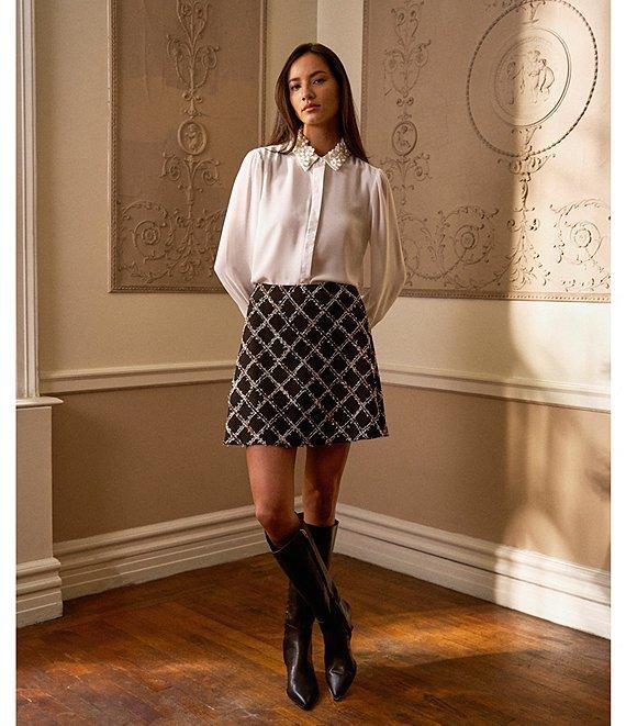 CeCe Georgette Floral 3D Applique Pointed Collar Long Sleeve Hidden Button Front Blouse Product Image