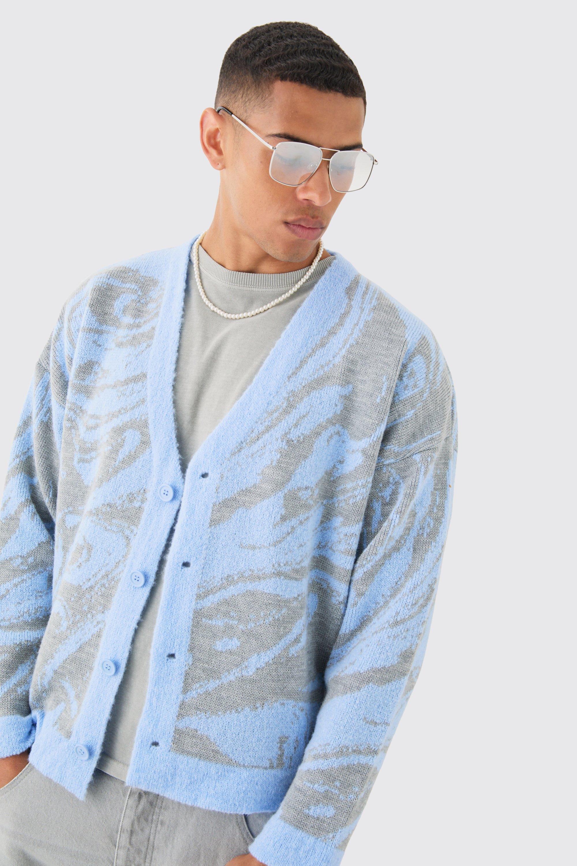 Mens Blue Boxy Oversized Brushed Abstract All Over Cardigan, Blue Product Image