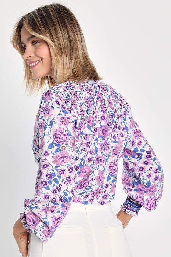 Blooming With Style Ivory Floral Tie-Front Long Sleeve Crop Top Product Image