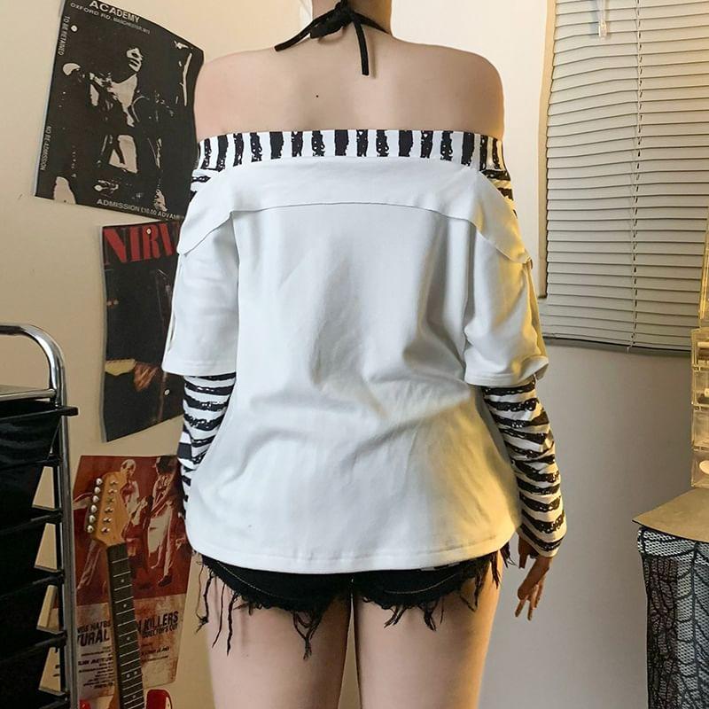 Long Sleeve Mock Two Piece Striped Panel Graphic Print Loose-Fit Top Product Image