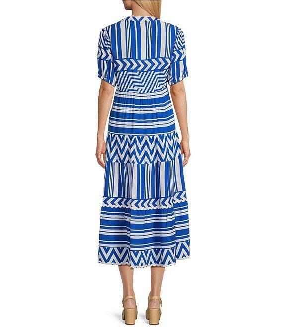 Multiples Split Round Neck Short Puff Sleeve Multi Tiered Printed Challis A-Line Midi Dress Product Image