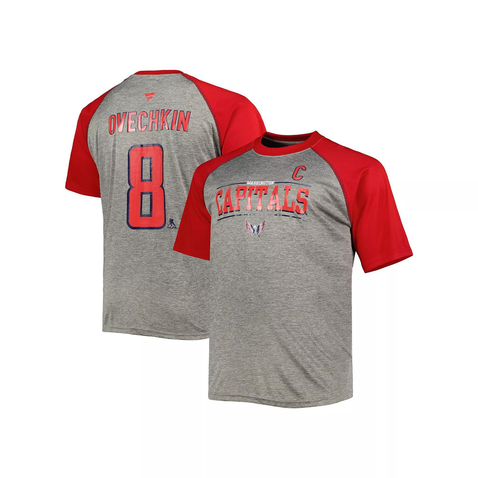 Men's Fanatics Branded Alexander Ovechkin Heather Gray/Red Washington Capitals Big & Tall Captain Patch Contrast Raglan Name & Number T-Shirt, Size: 2XLT, Grey Product Image