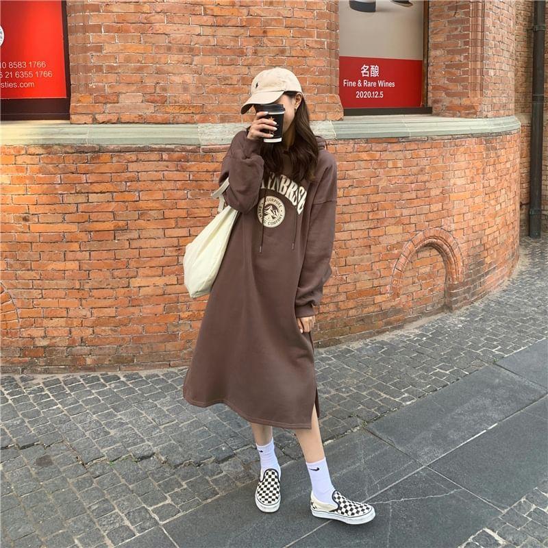 Long Sleeve Lettering Print Slit Fleece-Lined Midi A-Line Hoodie Dress Product Image