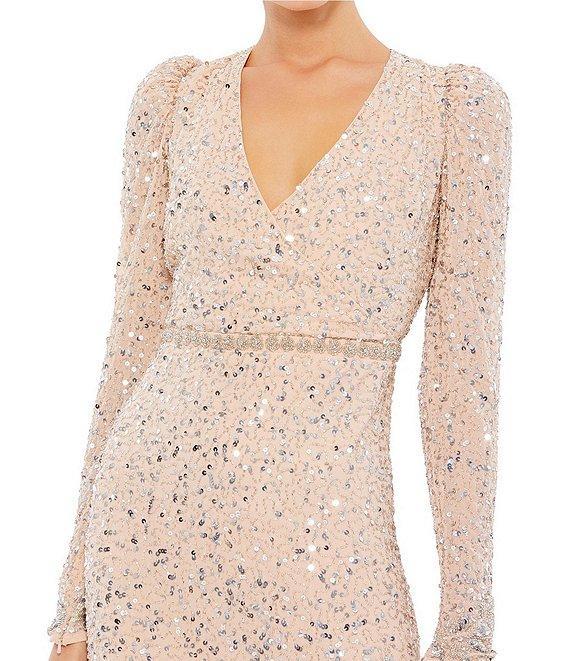 Mac Duggal Sequin Embellished Flounce Hem Surplice V-Neck Long Sleeve Midi Dress Product Image
