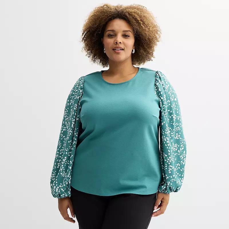 Plus Size Nine West Mixed Long Puff Sleeve Crewneck Top, Womens Product Image