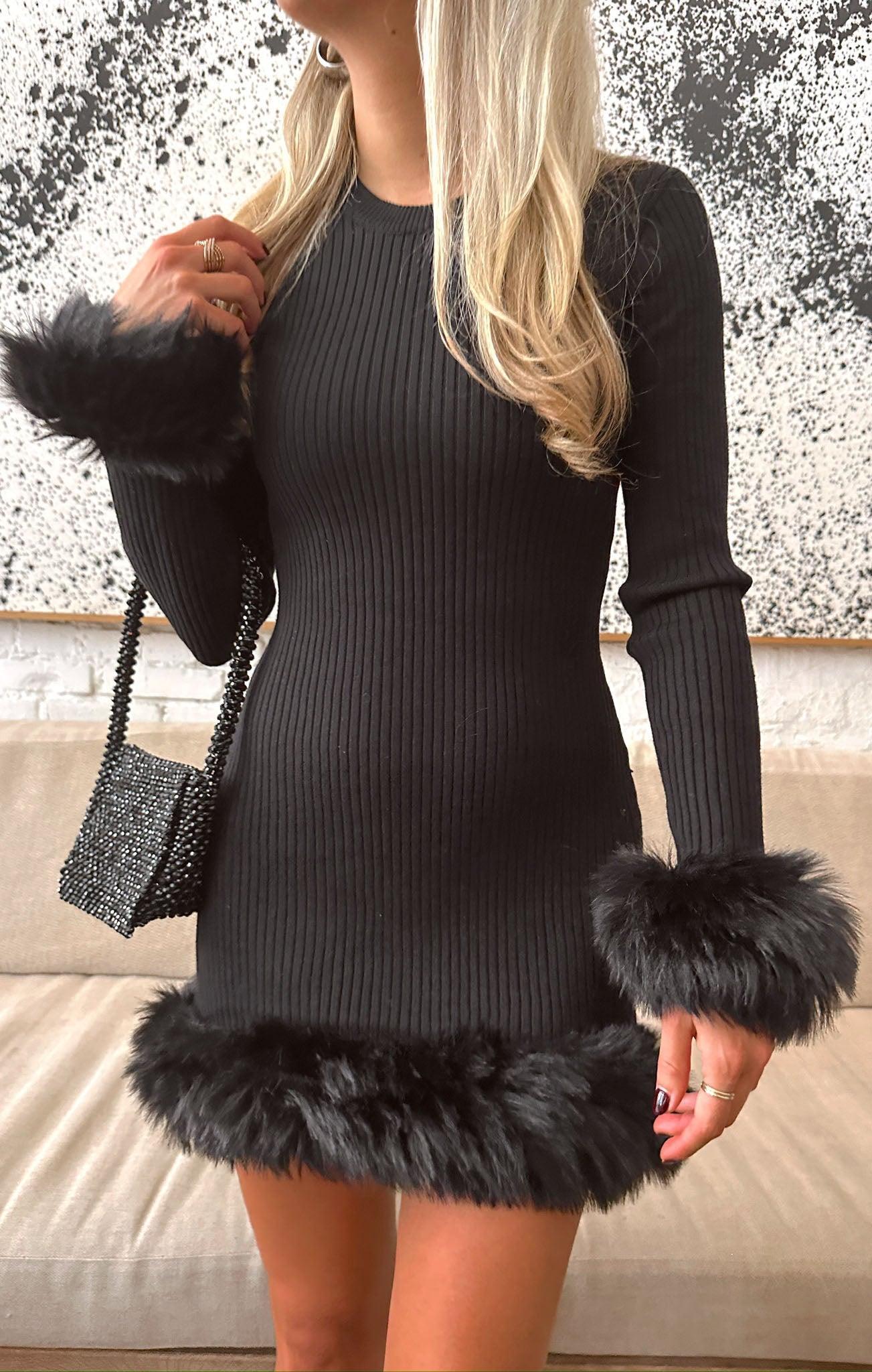 Fran Mini Dress ~ Black Knit with Faux Fur Product Image