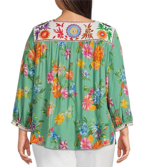 John Mark Plus Size Embroidered Floral Print Square Neck 3/4 Sleeve Peasant Top Product Image