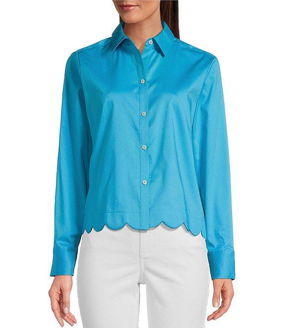 Foxcroft Scarlett Long Sleeve Scallop Hem Button Front Shirt Product Image