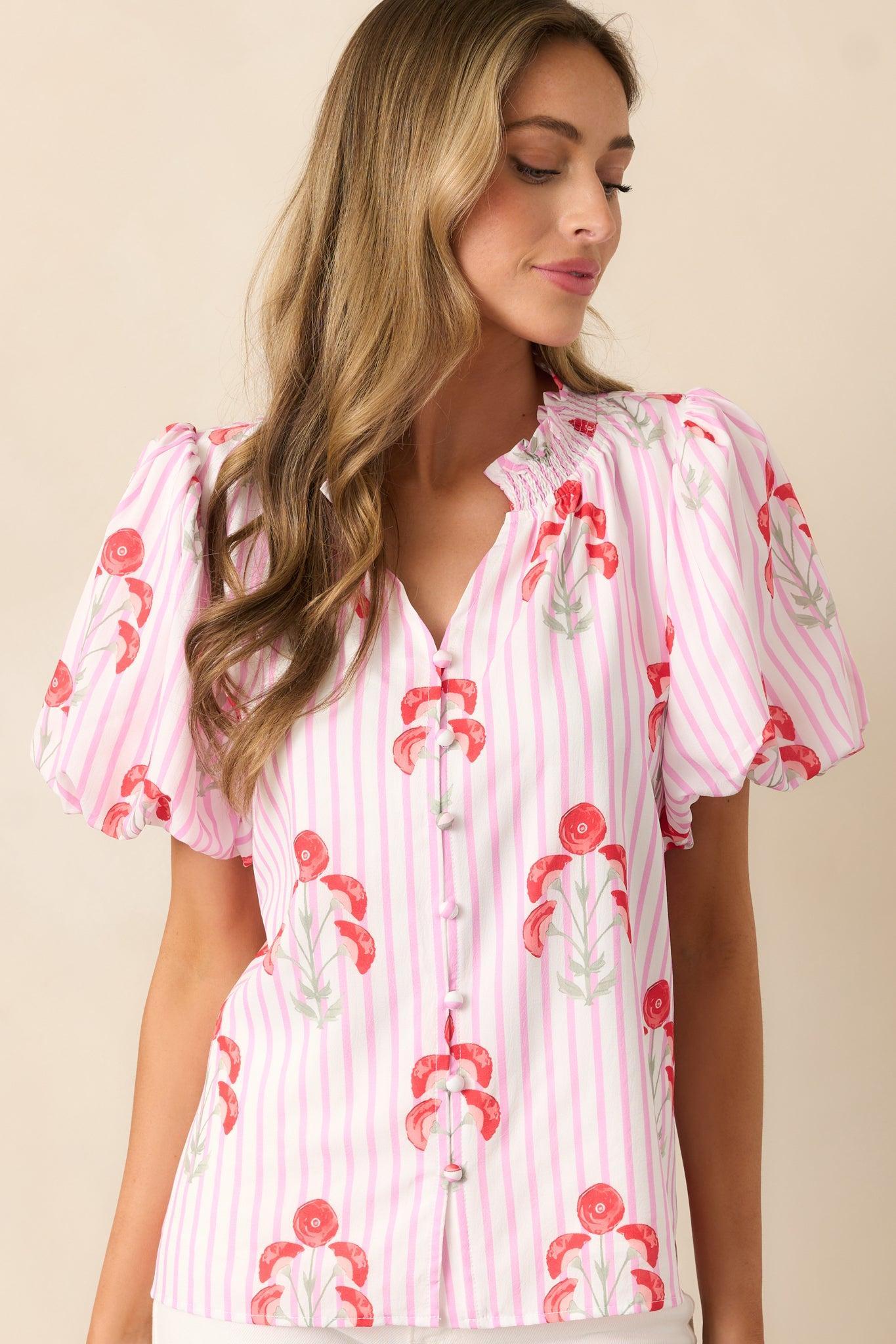 Poppy Fields Pink Button Front Puff Sleeve Top Product Image
