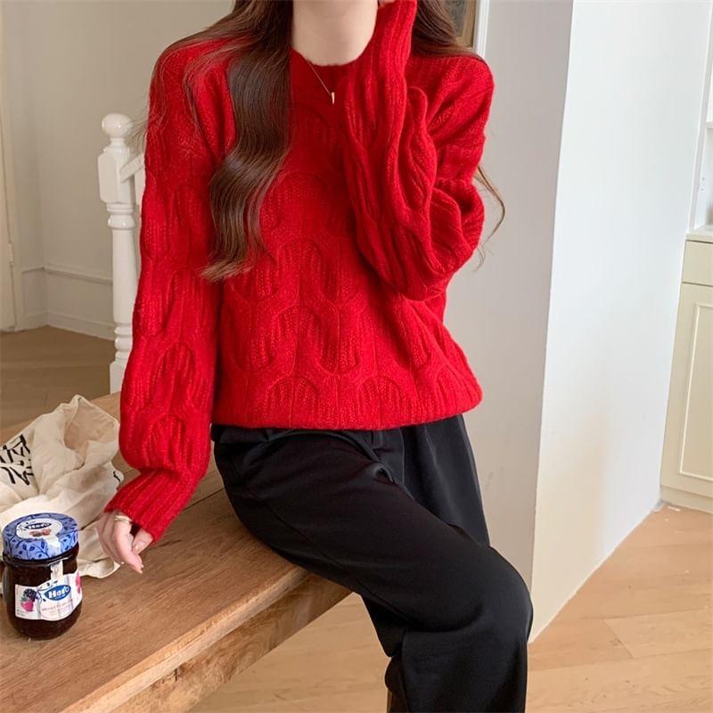 Long-Sleeve Crewneck Cable Knit Sweater Product Image