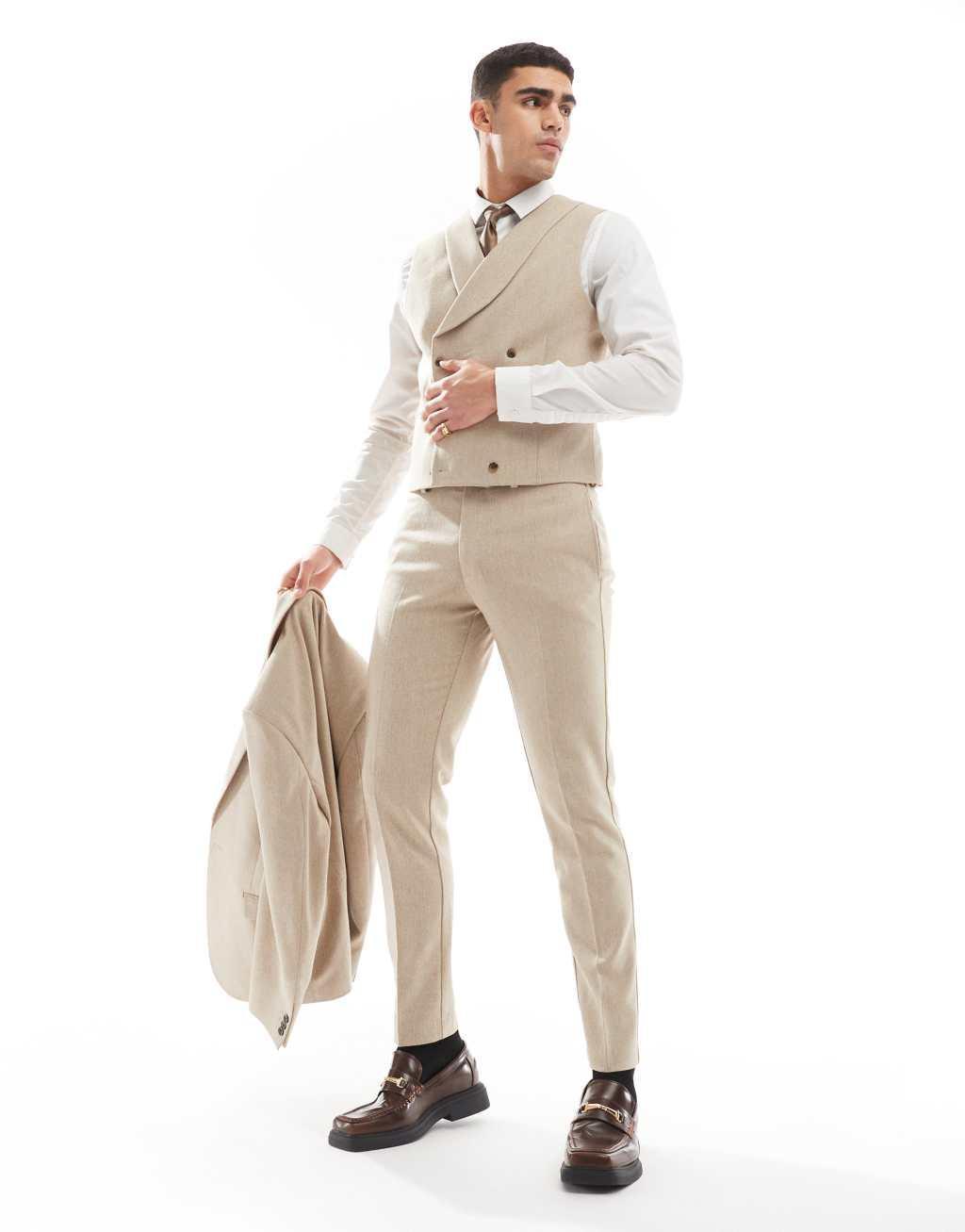 ASOS DESIGN skinny double breasted suit vest with wool in camel barley weave Product Image