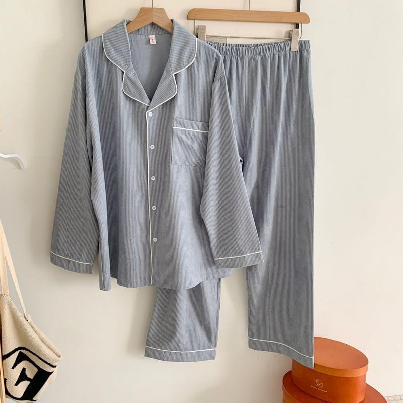 Couple Matching Pajama Set: Long Sleeve Button Top + Straight Leg Pants (Various Designs) Product Image