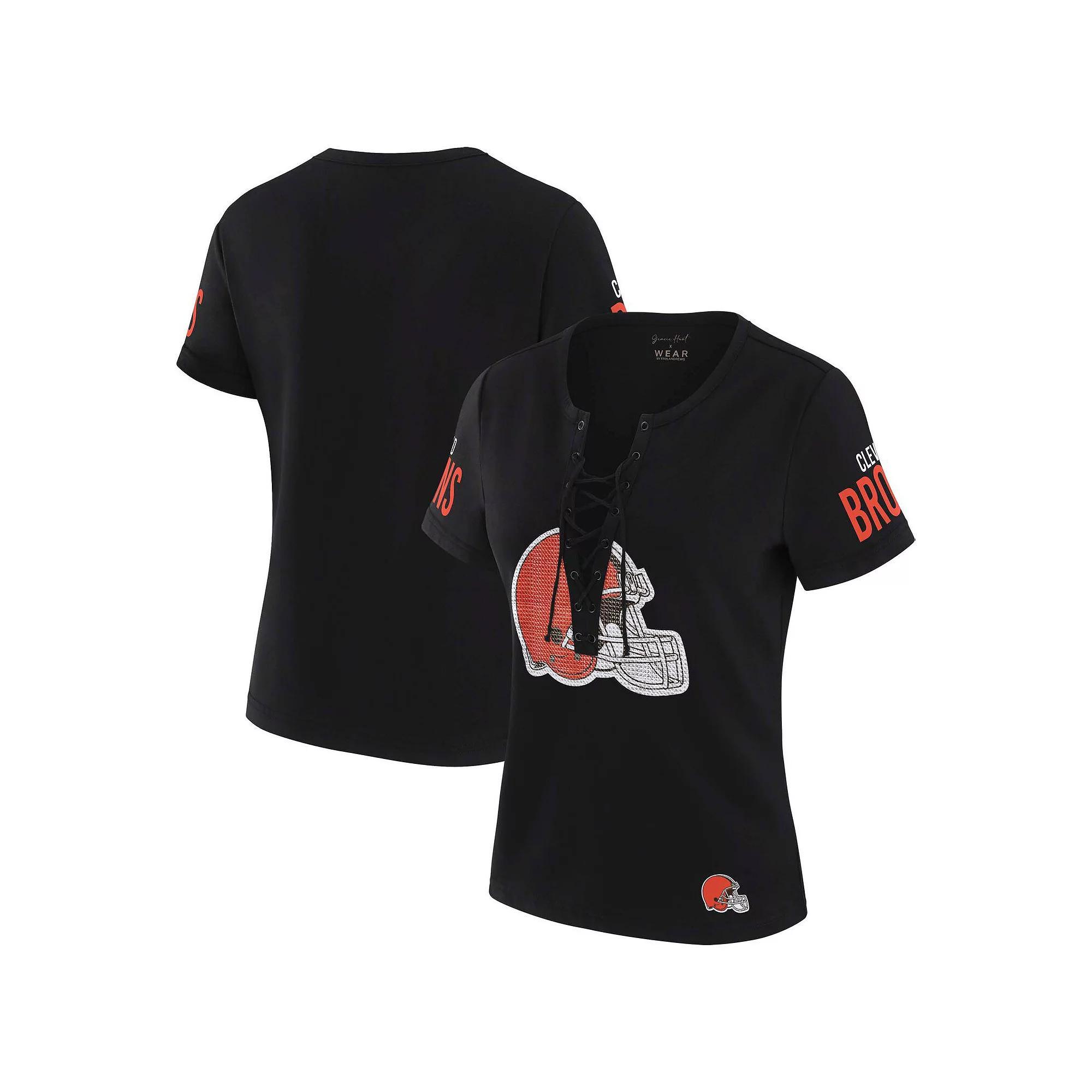 Women's WEAR by Erin Andrews x Gracie Hunt Black Cleveland Browns Draft Me Lace-Up T-Shirt,  Product Image