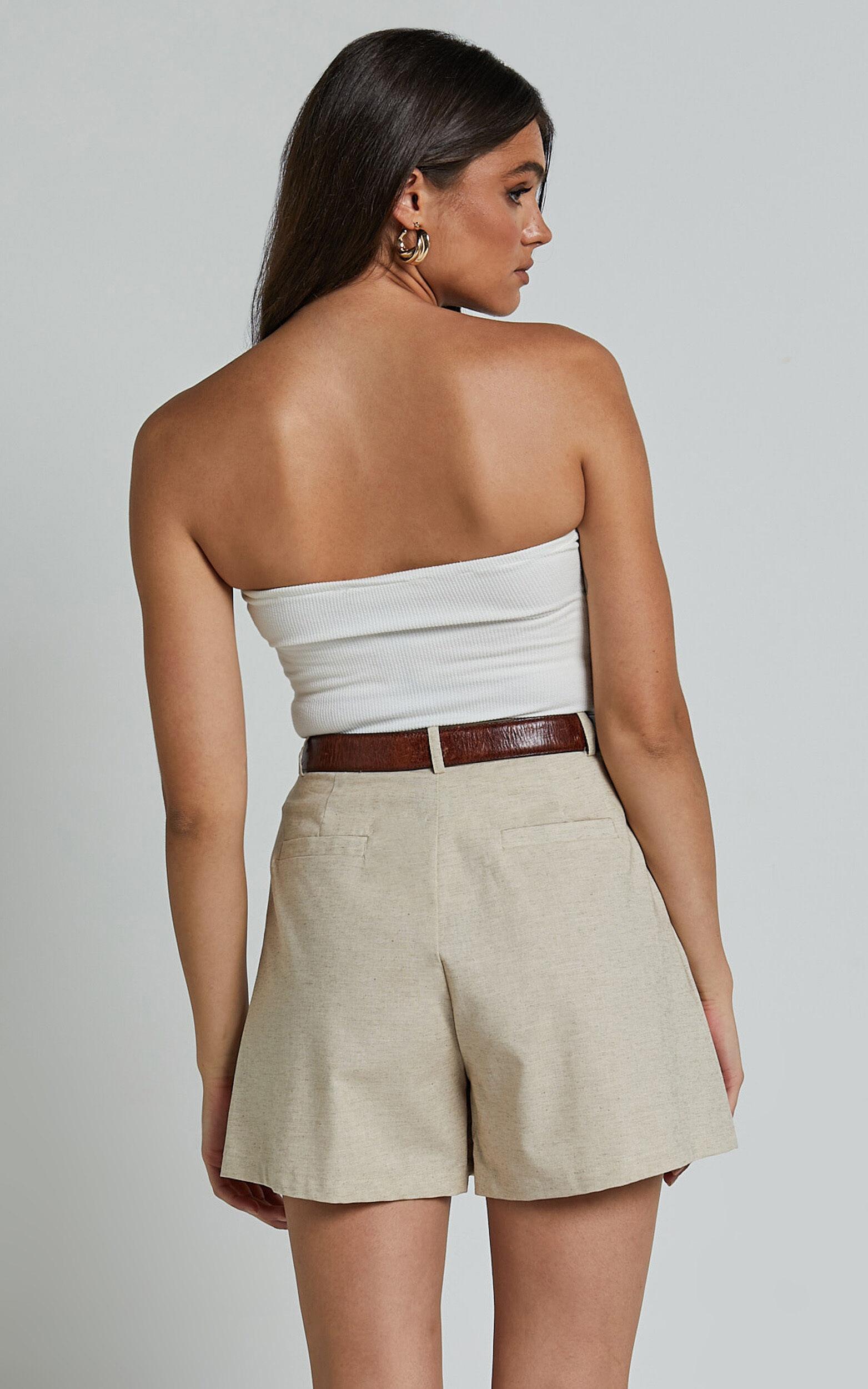 Ali Linen Blend Shorts - High Waisted Cuffed Shorts in Natural Product Image