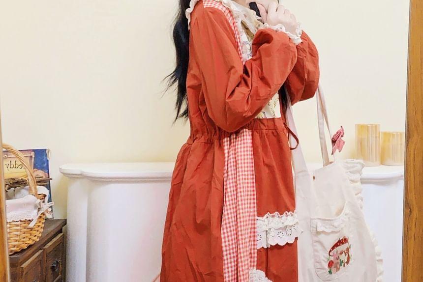 Long-Sleeve Collar Cartoon Print Embroidered Patchwork Lace Trim Midi A-Line Dress Product Image