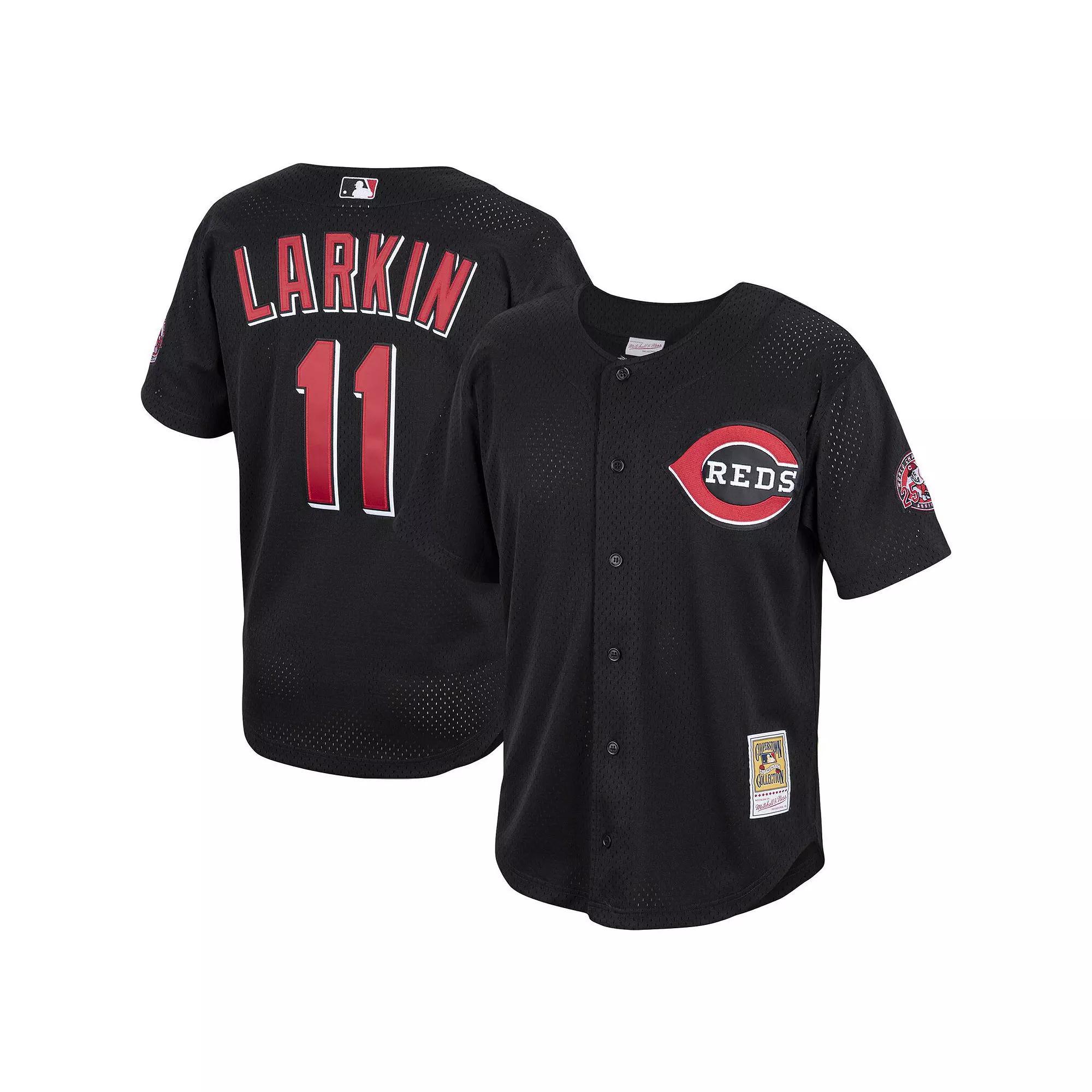 Men's Mitchell & Ness Barry Larkin Black Cincinnati Reds Cooperstown Collection Mesh Batting Practice Button-Up Jersey,  Product Image