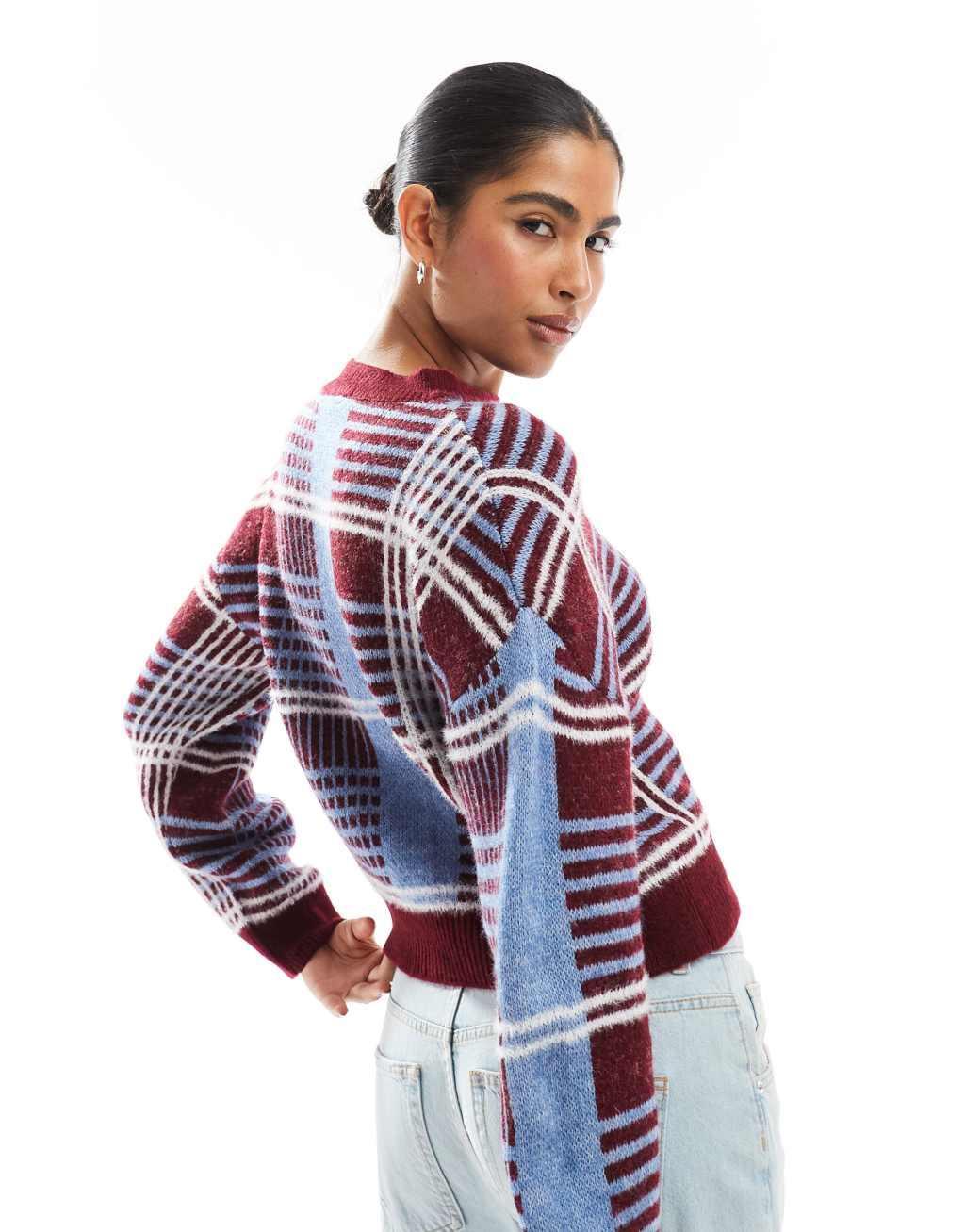 Pull&Bear plaid print knit sweater in blue and burgundy Product Image