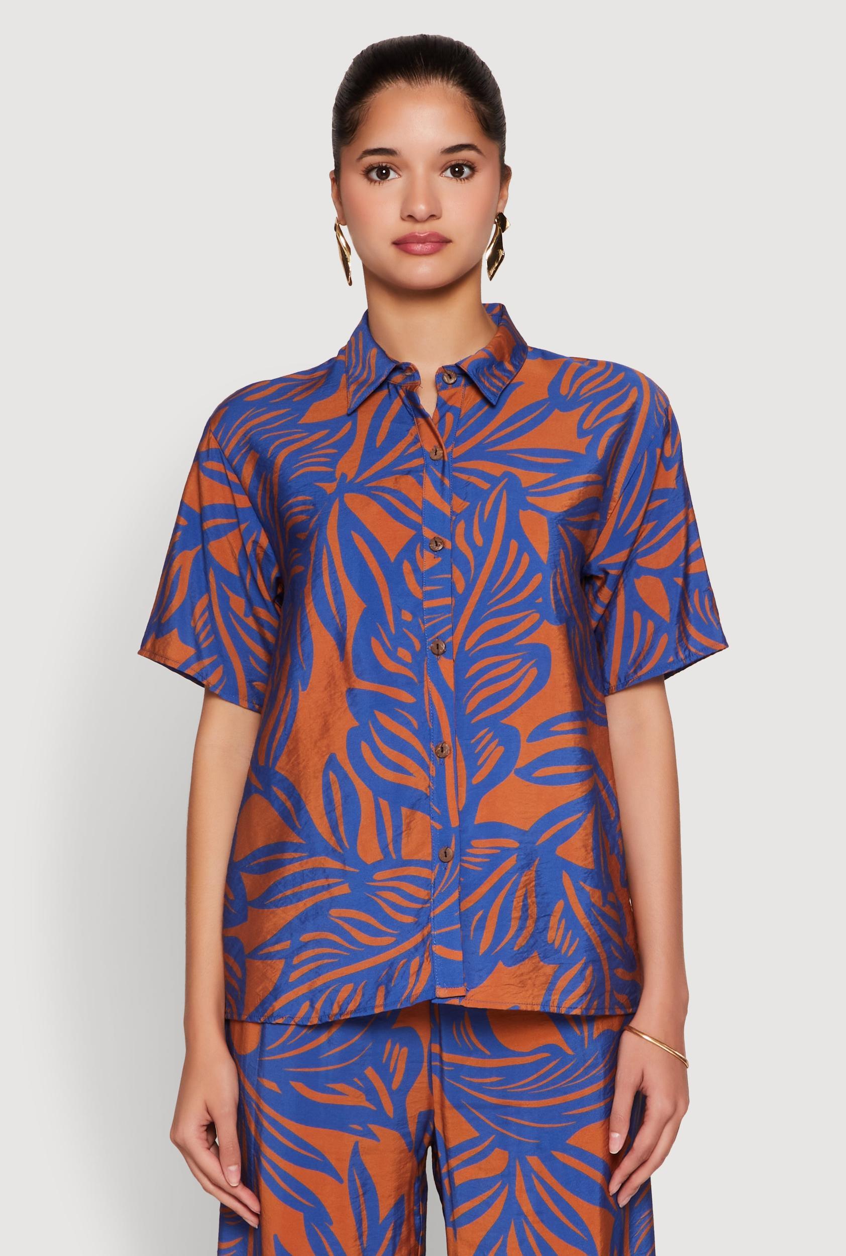 Womens Palm Leaf Print Button Front Shirt Product Image