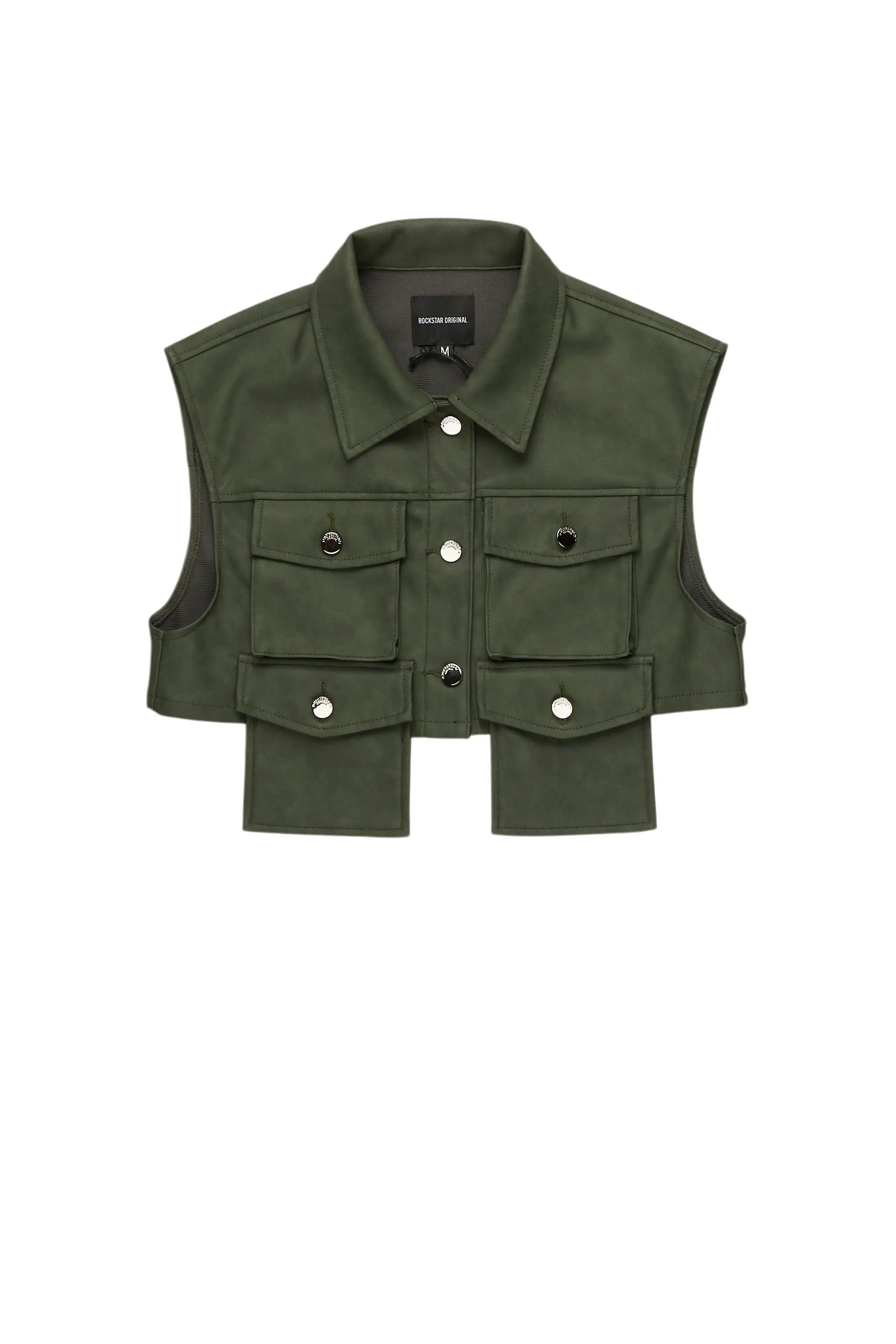 Kiedra Green Cargo Faux Leather Vest Female Product Image