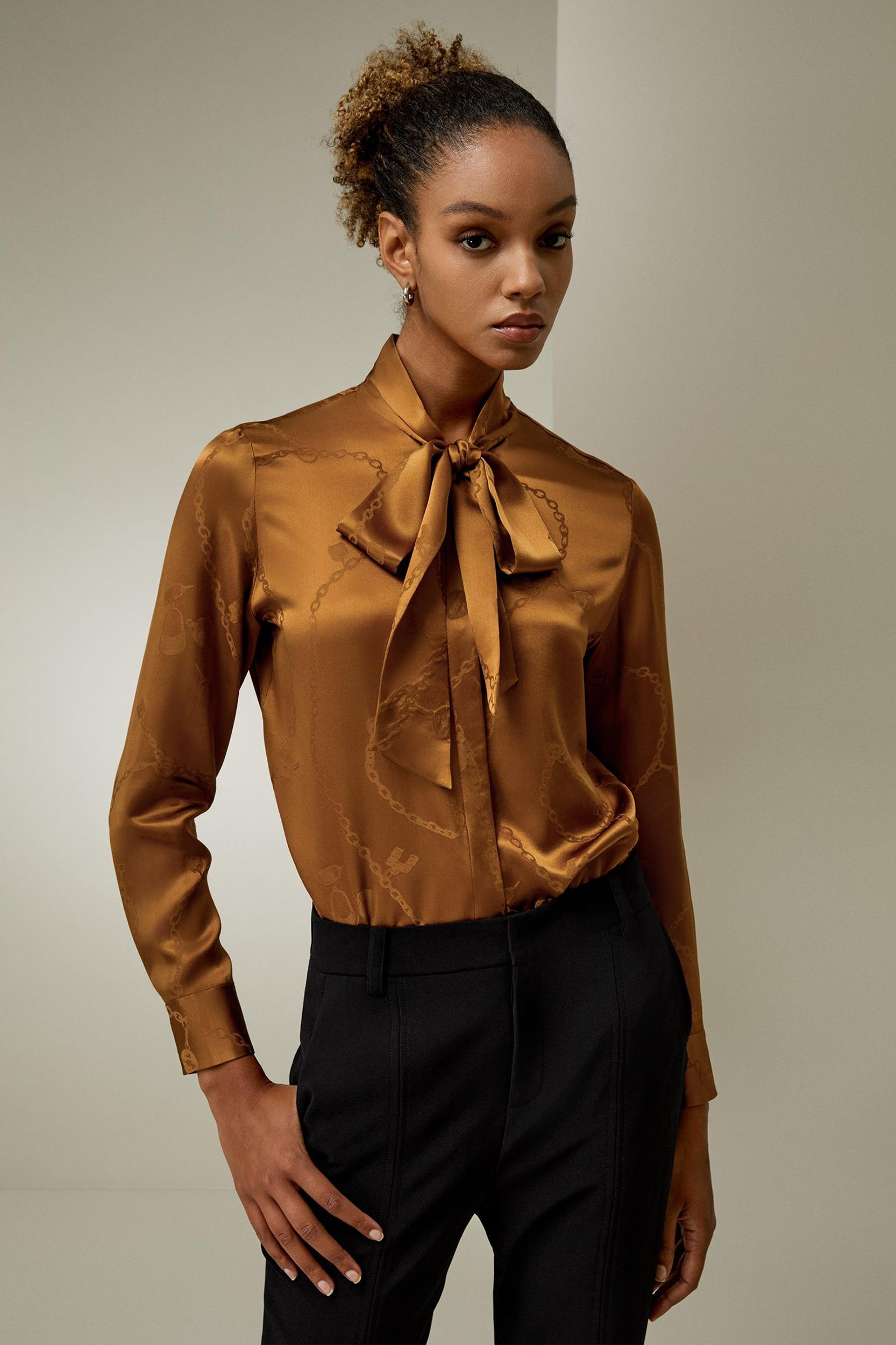 Jacquard-wave Silk Blouse with Bow Product Image