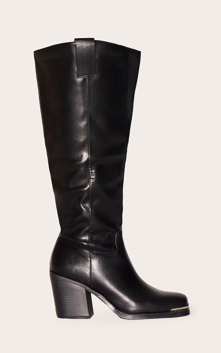 Black PU Square Toe Knee High Block Heeled Western Boots Product Image