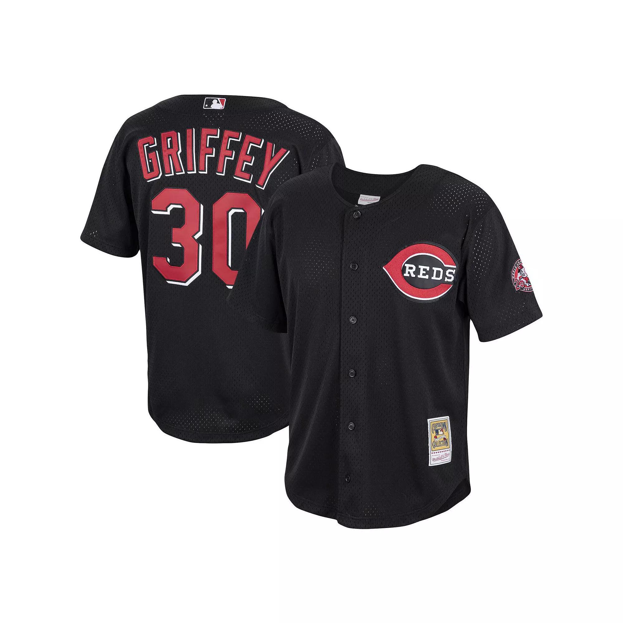 Men's Mitchell & Ness Ken Griffey Jr. Black Cincinnati Reds Cooperstown Collection Mesh Batting Practice Button-Up Jersey,  Product Image