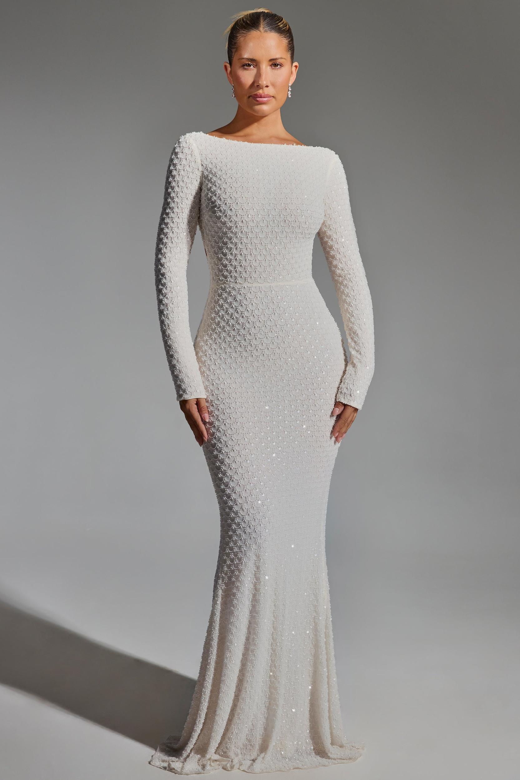 Embellished Open-Back Gown in White Product Image