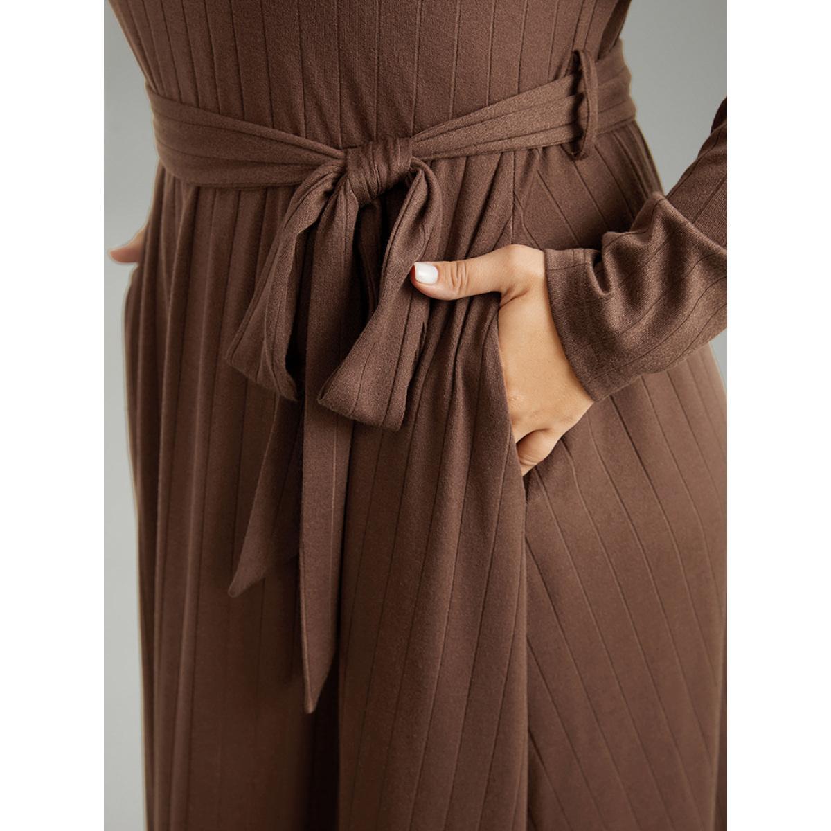 Plus Size Plain Rib Knit Belted Pocket Dress DarkBrown Women Elegant Plain Round Neck Long Sleeve Curvy Midi Dress BloomChic 14-16/1X Product Image