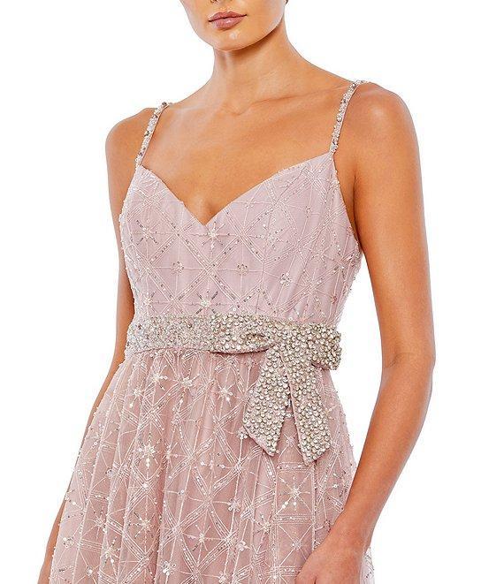 Mac Duggal V-Neck Beaded Bow Waist Embellished Mesh A-Line Gown Product Image