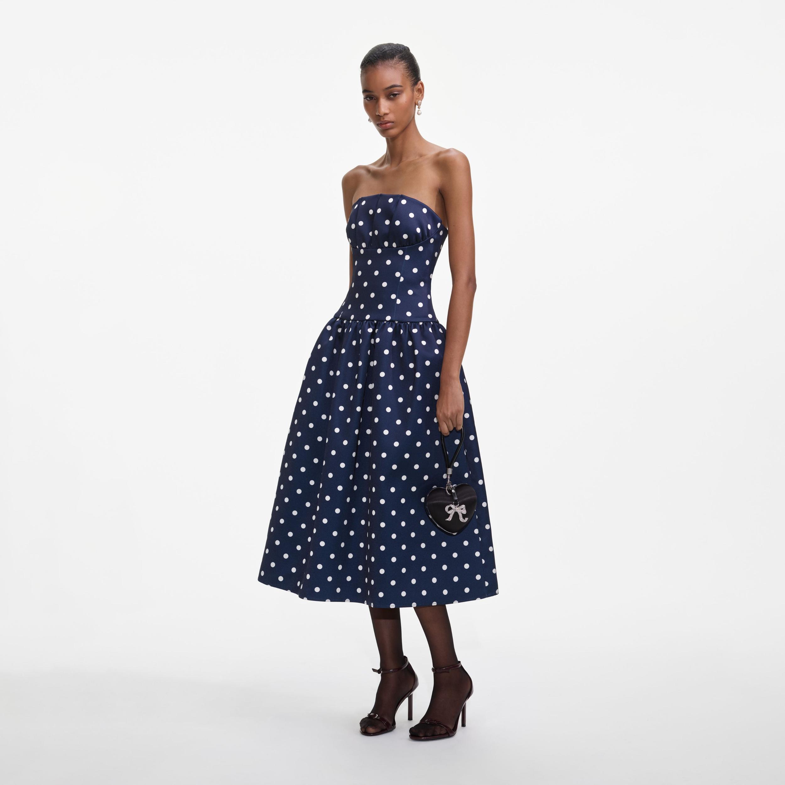 Navy Polka Dot Satin Midi Dress Product Image