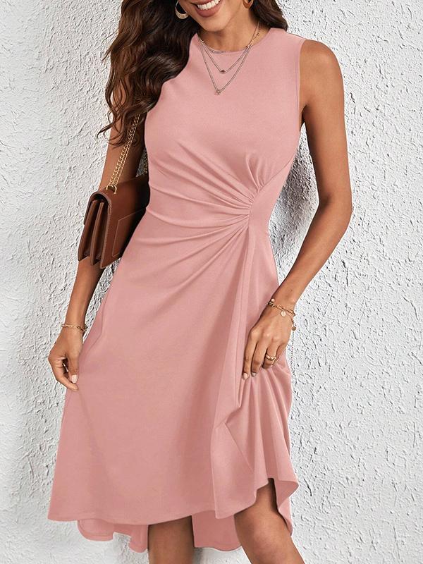 A-Line High Waisted Asymmetric Pleated Solid Color Split-Joint Round-Neck Midi Dresses Product Image