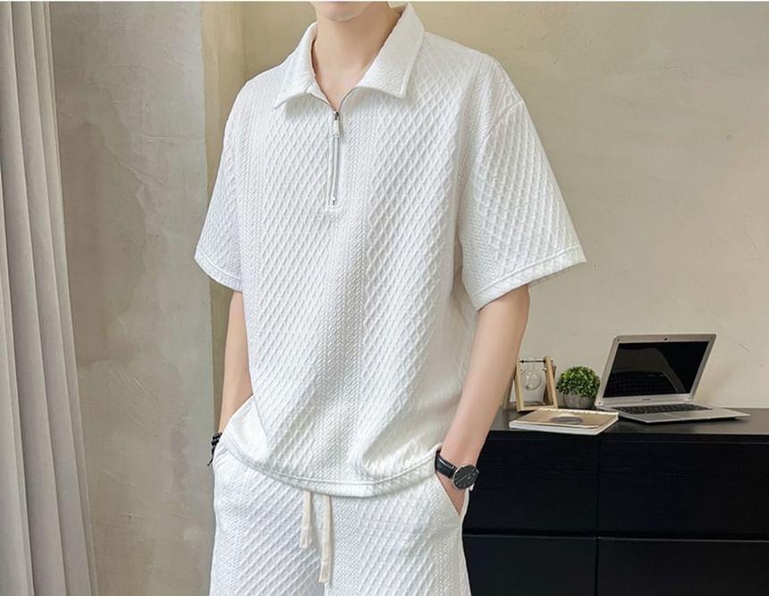 Set: Elbow-Sleeve Plain Textured Half-Zip Polo Shirt + Drawstring Waist Wide Leg Sweat Shorts Product Image