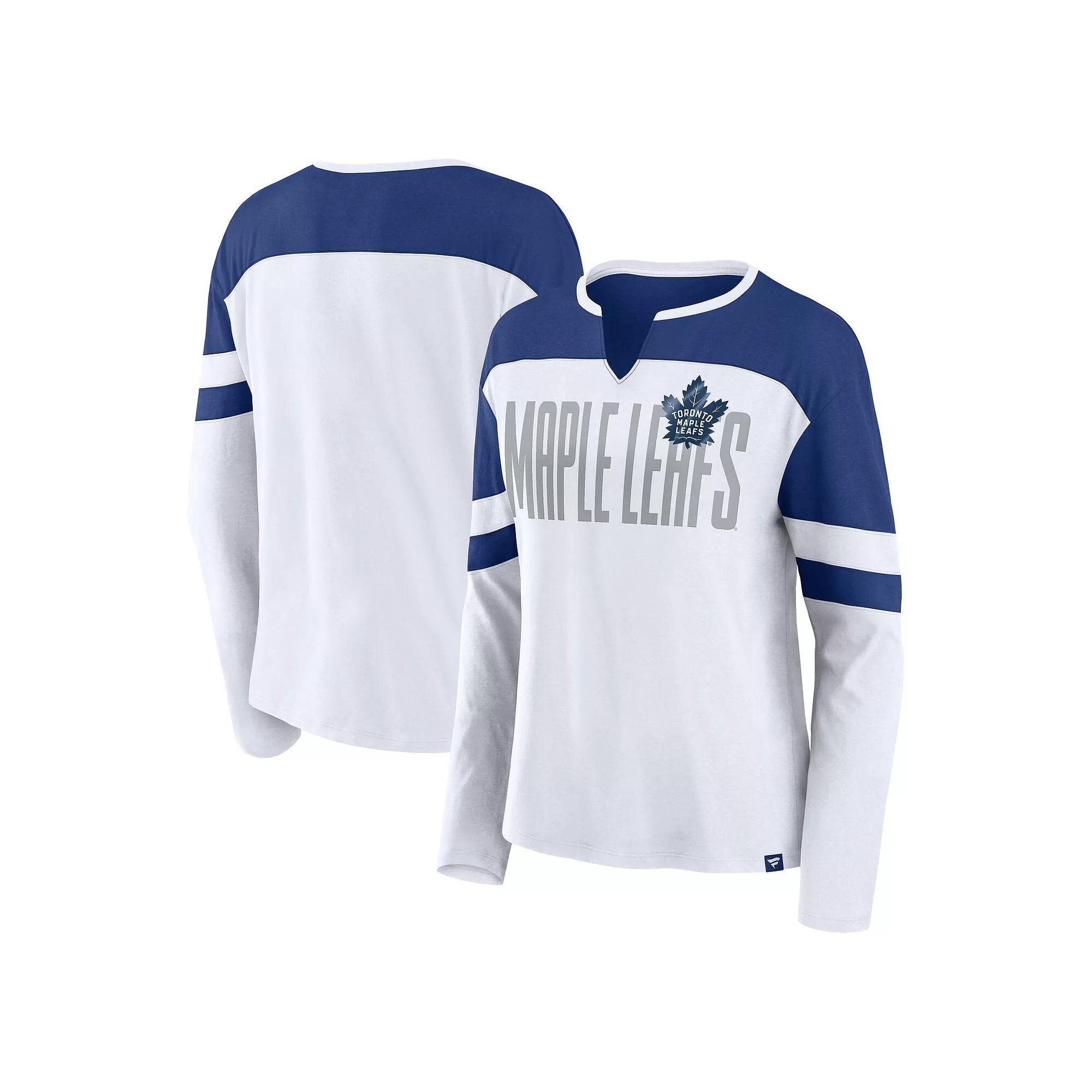 Women's Fanatics White/Blue Toronto Maple Leafs Frozen Long Sleeve Notch Neck T-Shirt,  Product Image