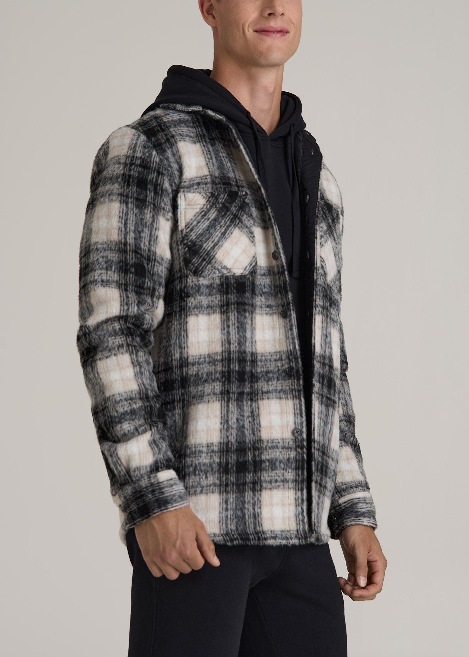 Brushed Flannel Overshirt for Tall Men in Ecru and Black Plaid Product Image