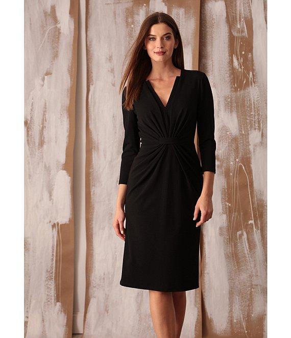 Maggy London Stretch V-Neck 3/4 Sleeve Belted Waist Ruched Sheath Dress Product Image