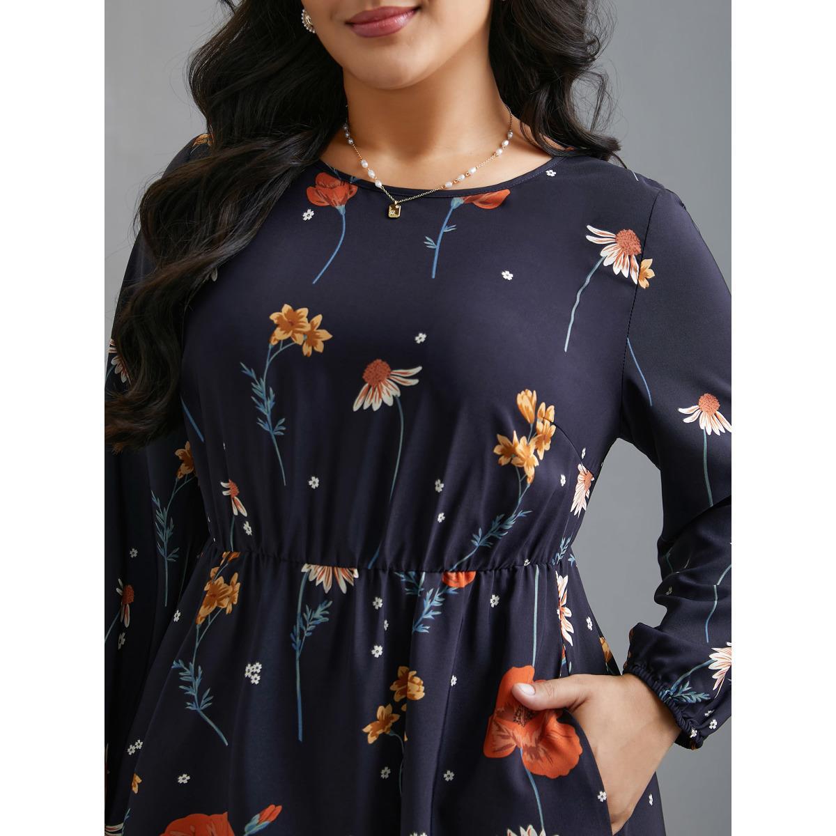 Plus Size Floral Boho Print Lantern Sleeve Dress Indigo Women Elegant Non Round Neck Long Sleeve Curvy BloomChic 26/4X Product Image