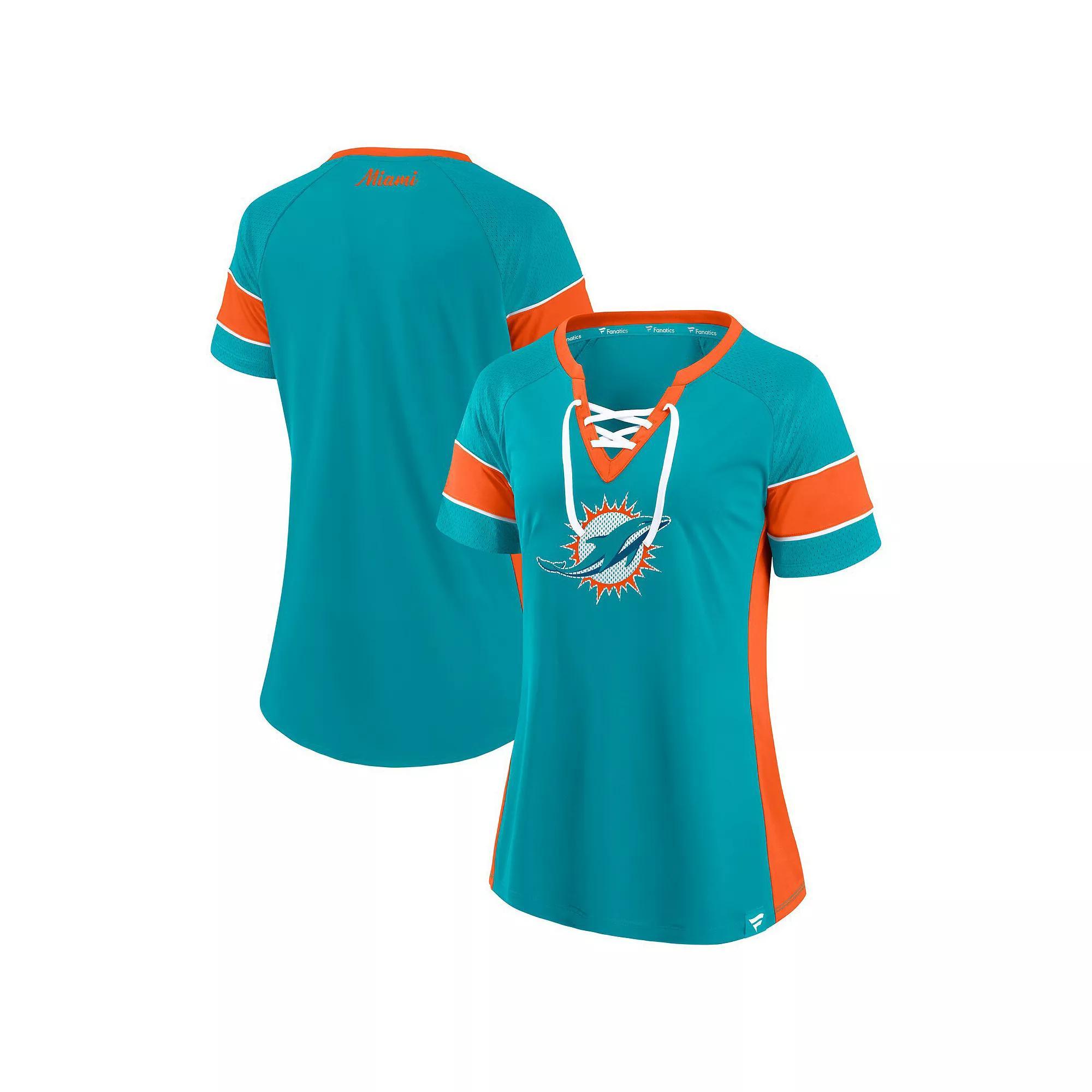 Women's Fanatics  Aqua Miami Dolphins Athena Lace-Up Top, Size: Large, Turquoise A Product Image