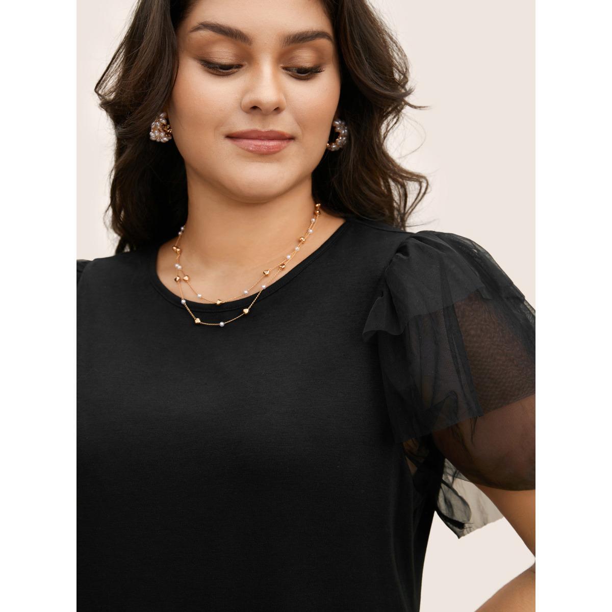 Plus Size Crew Neck Tiered Mesh Patchwork T-shirt Black Women Elegant See through Round Neck Everyday T-shirts BloomChic 12/L Product Image