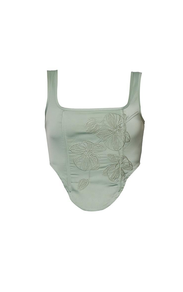 Sage Green Satin Floral Embroidered Corset Product Image