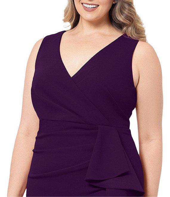Betsy & Adam Plus Size Sleeveless V-Neck Cascade Ruffle Scuba Crepe Gown Product Image