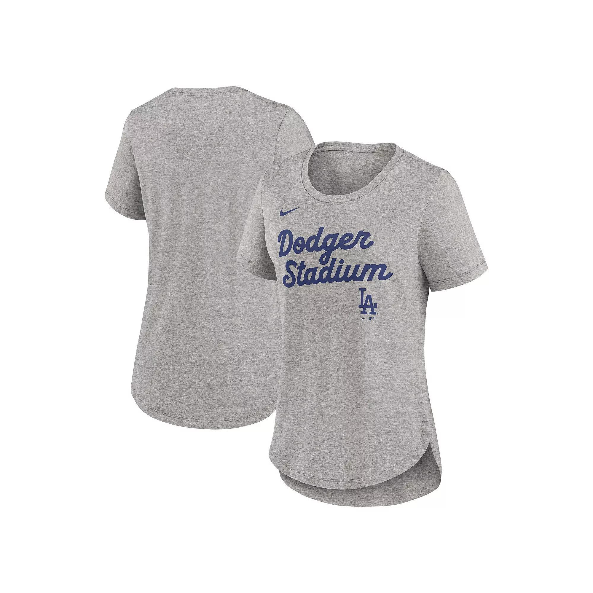 Women's Nike Heather Gray Los Angeles Dodgers Script Tri-Blend T-Shirt,  Product Image