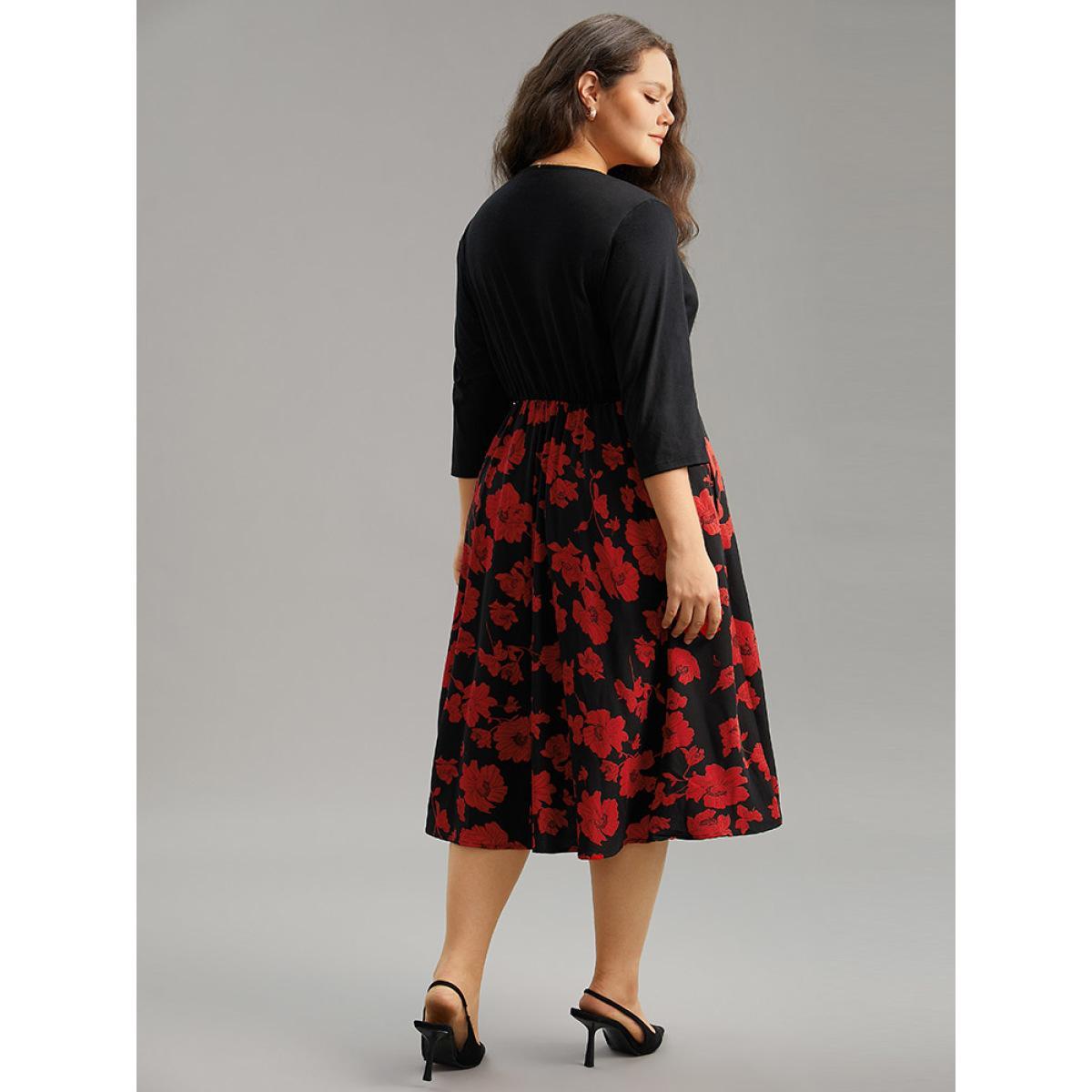 Plus Size Silhouette Floral Print Patchwork Surplice Neck Dress Black Women Elegant Wrap Overlap Collar Elbow-length sleeve Curvy Midi Dress BloomChic 26/4X Product Image