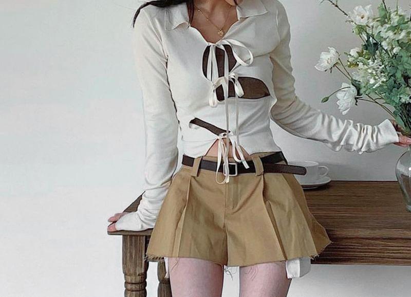 Long-Sleeve Collared Plain Asymmetrical Cutout Tie Front Crop Top Product Image