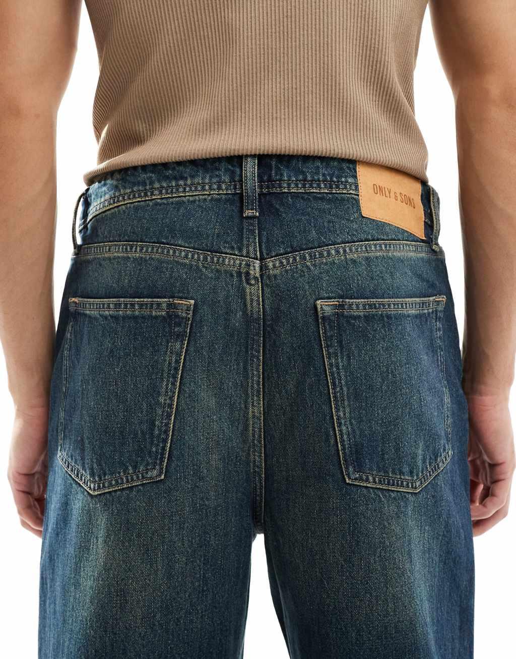 ONLY & SONS Fade loose fit jeans in mid blue with vintage brown cast Product Image