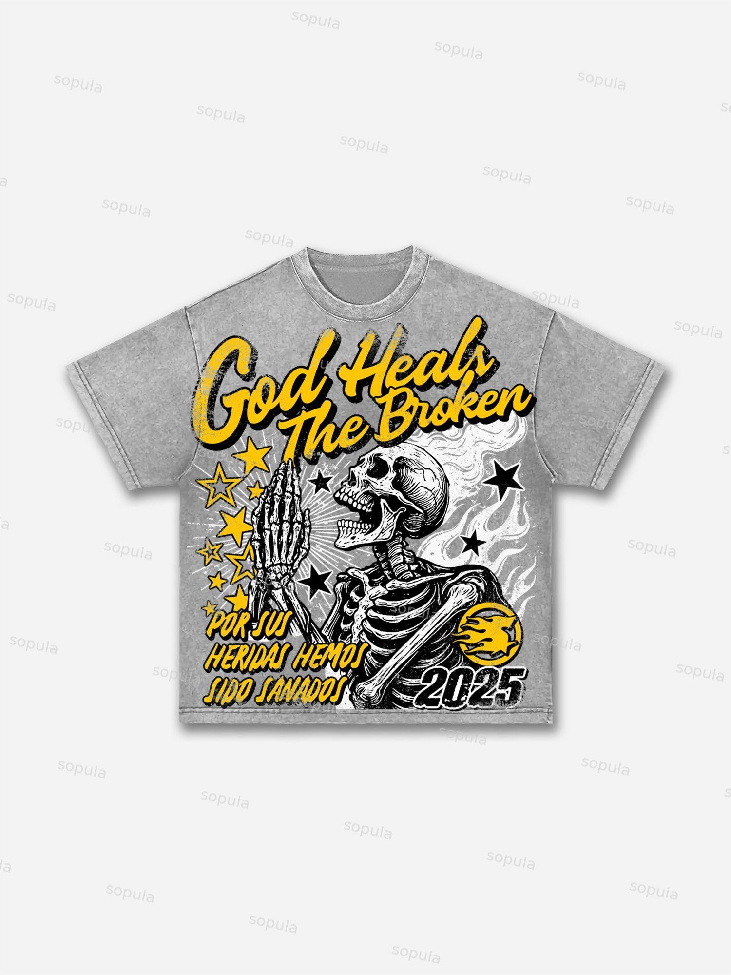 God Heals The Broken Vintage Graphic Acid Wash T-shirt Product Image