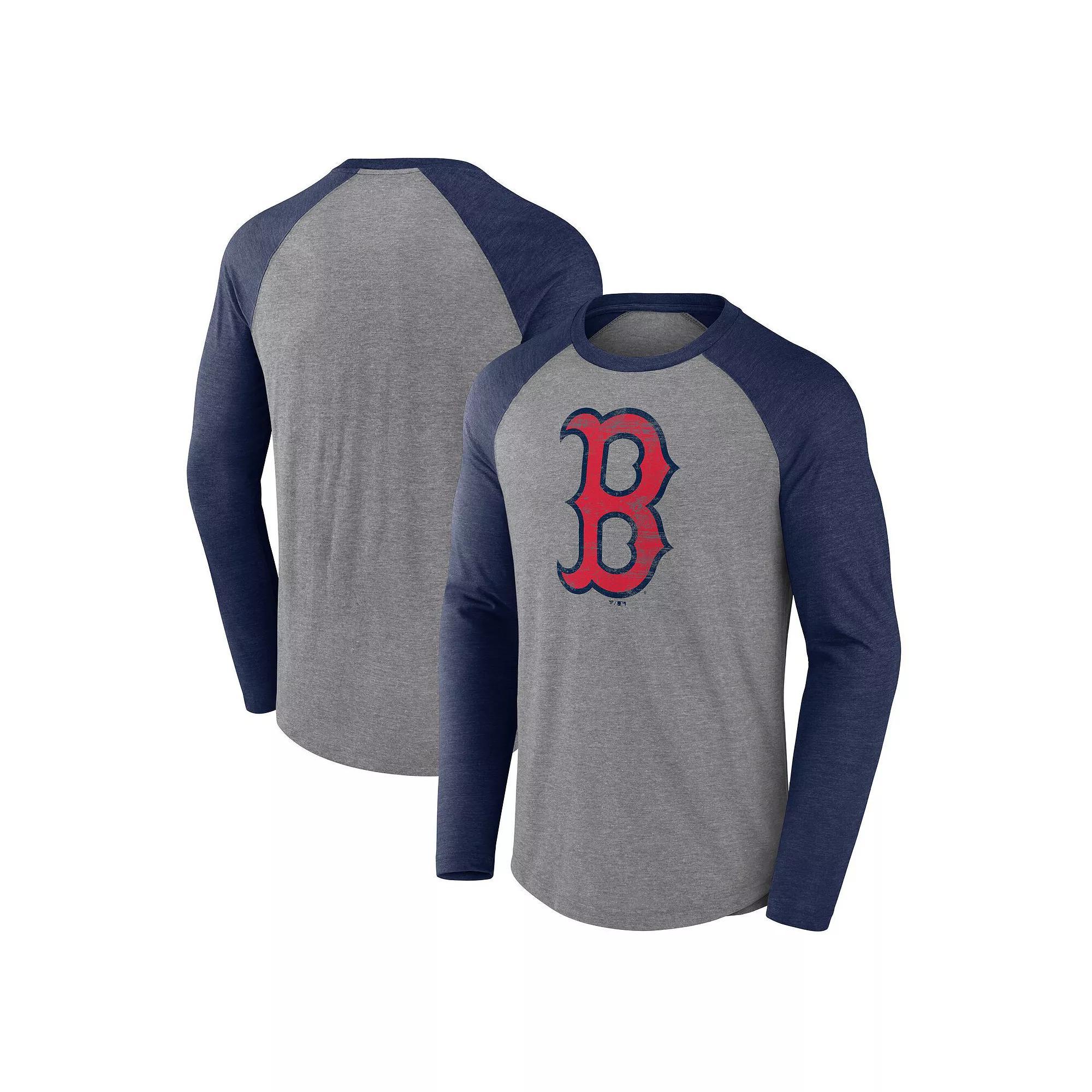 Men's Fanatics Heather Gray/Heather Navy Boston Red Sox Weathered Logo Tri-Blend Raglan Long Sleeve T-Shirt, Size: XL, Grey Product Image