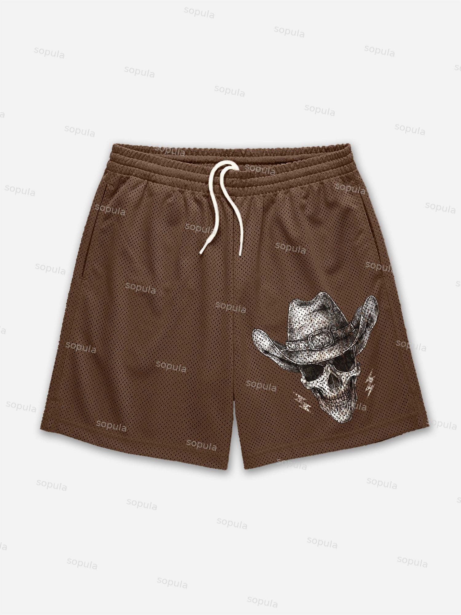 Vintage Skull Cowboy Graphic Mesh Shorts Product Image